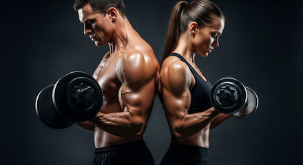 Muscular Couple with Dumbbells Training Together - Fitness Motivation
