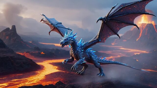 A blue crystal dragon standing in a volcanic landscape with lava and cloudy sky behind it dragon video