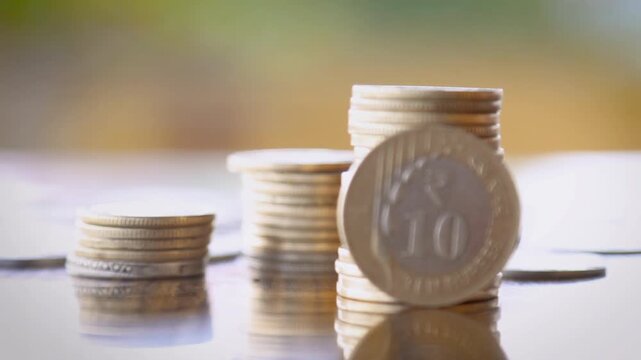 Smooth Focus Transition from Blur to Sharp Stack of Coins with Vertical 10 Rupee Coin