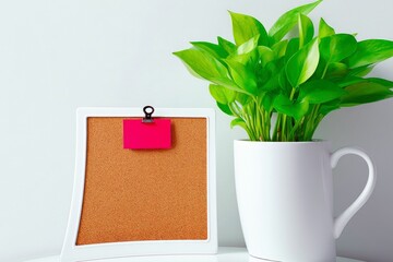 A corkboard with a pink note attached by a clip sits next to a white mug holding a vibrant green plant.