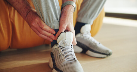Hands, person and ankle pain in home for joint, stiffness relief and poor circulation. Senior man,...
