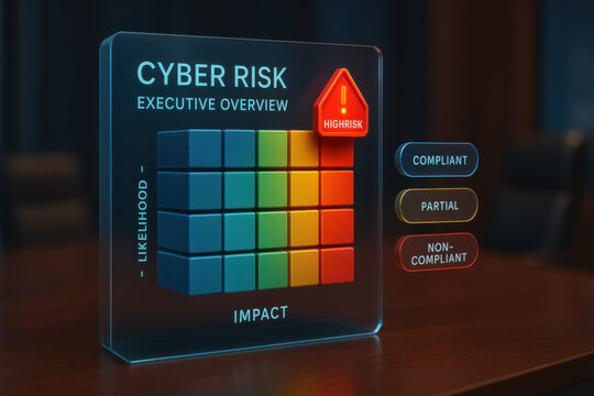 Serious cyber risk executive overview on futuristic dashboard. critical high risk alert for security and compliance management indicates major threat on screen
