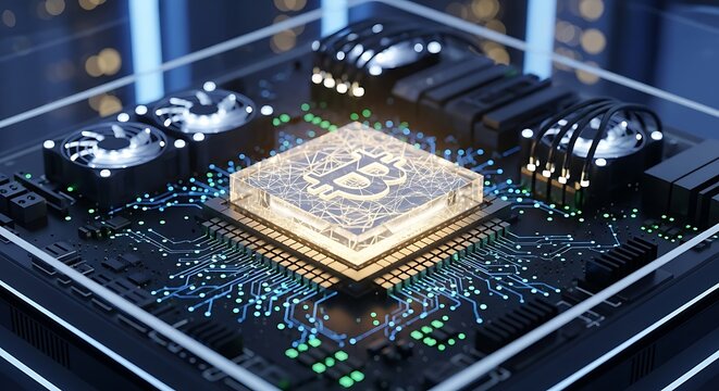 Close up of a bitcoin symbol on a computer chip with fans and intricate circuit board details shown - Powered by Adobe