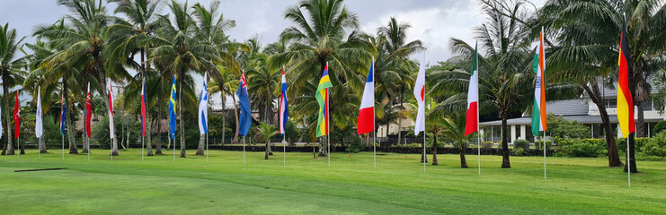 International Flags Displayed on a Green Lawn in the Caribbean
