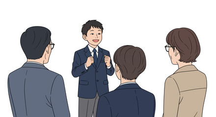 A young boy in a suit enthusiastically addresses a group of adults.
