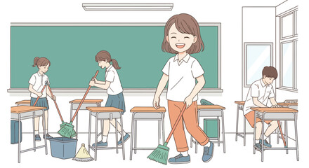 Students cleaning a classroom, with one smiling and others sweeping and tidying up.