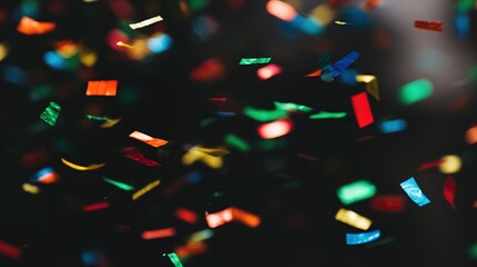 Colorful confetti, vibrant and floating, against a dark background, close - up view, copy space