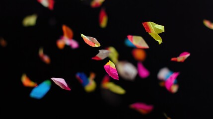 Colorful confetti, vibrant and floating, against a black background, close - up view, copy space