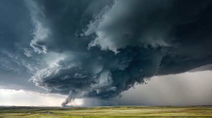 Tornado - forming storm clouds, dark and massive, over a green prairie with a winding road, wide - angle view