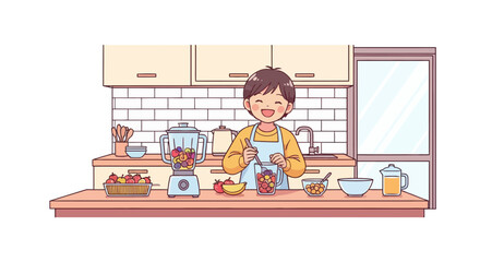 Fototapeta premium A happy young person in an apron preparing a healthy fruit smoothie in a bright kitchen.