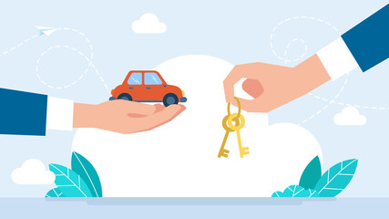 Car, hand holding keys. Concept of buying, selling, renting vehicle. Hands hand over the keys to auto. Car sale, rent. Evaluation and comparison of cars. Insurance of your vehicle. Flat illustration