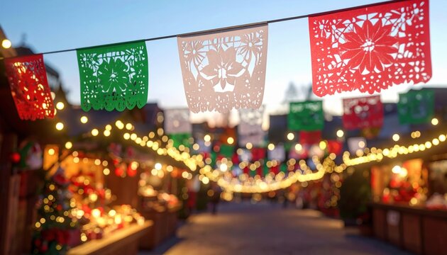 Mexican papel picado banners at a festive holiday market