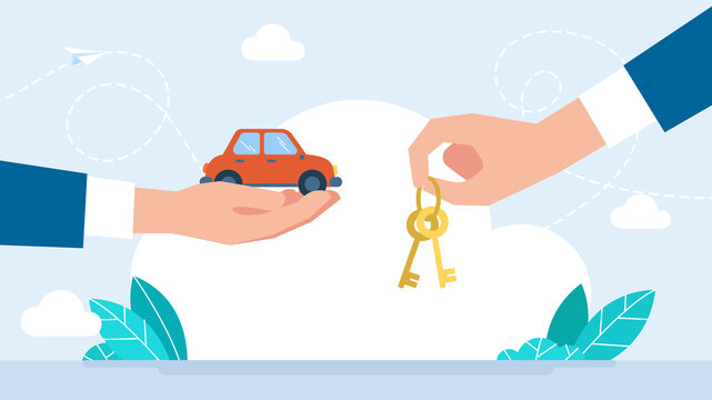 Car, hand holding keys. Concept of buying, selling, renting vehicle. Hands hand over the keys to auto. Car sale, rent. Evaluation and comparison of cars. Insurance of your vehicle. Flat illustration