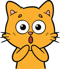  A cartoon head of a shocked or surprised orange cat with wide-open eyes and mouth, holding its paws to its chin in a bewildered expression, illustrated in a flat vector line art style.