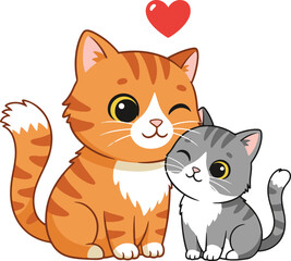 Obraz premium A charming flat vector illustration of two cute cartoon cats, an orange tabby and a grey tabby, sitting closely together with a red heart floating above them, representing love and affection.