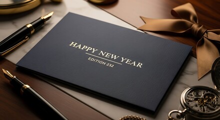 Elegant New Year's greeting card with sophisticated accessories, celebrating new beginnings.