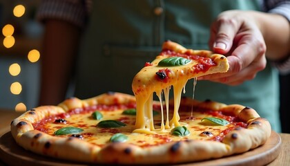 A person holds a slice of cheese pizza with melted cheese stretching. The pizza has a golden crust and fresh basil leaves on top.