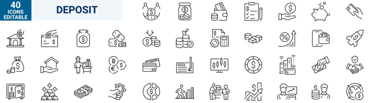 Deposite investment web icons in line style. income, money, business. Outline icon collection. Editable stroke. Vector illustration