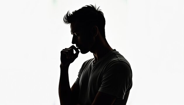 Silhouette of a young man in a contemplative pose. He has short hair and is holding his chin with one hand against a bright background. - Powered by Adobe