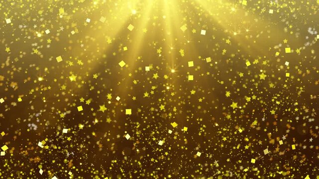 スポットライト　光が降り注ぐ　ループ動画　キラキラ　光る　ポップ　エフェクト　ラメ　ライトアップ　豪華　高級感　おしゃれ　抽象的　Black and gold background.Spotlights, confetti, and shining stars.Christmas, New Year, Award, Black Friday.Loop video.
