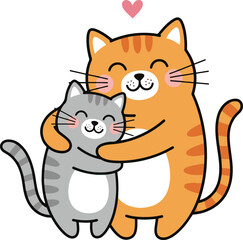 A charming flat vector illustration of two happy cartoon cats, one orange tabby and one grey tabby, hugging each other with a pink heart floating above them.