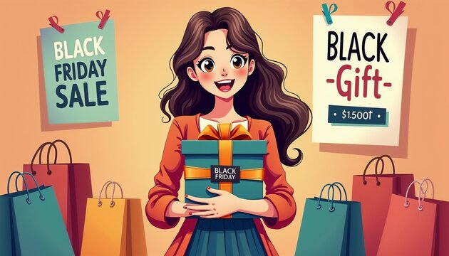 A young woman with long brown hair holds a gift box. Colorful shopping bags surround her. Signs indicate a Black Friday sale and a special gift offer. - Powered by Adobe