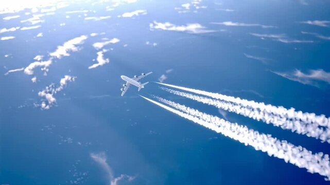 Jet streams cross a bright blue sky as a passenger airplane climbs to cruising altitude capturing adventure and the rush of modern flight while travel dreams lift above the clouds for new