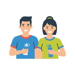 Fototapeta premium Two smiling people holding drinks wearing casual shirts illustration vector graphic.