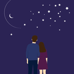 A couple looks at the stars and moon in the night sky.