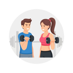 Fototapeta premium Man and woman lifting dumbbells smiling fitness exercise workout training together.