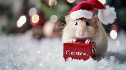 A small golden hamster wearing a Santa hat holds a red Christmas gift box. The background features soft white snow and colorful holiday lights.