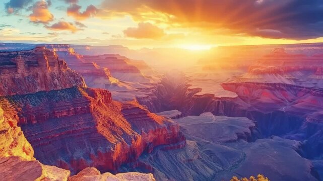 Vibrant hues of orange and purple fill the sky as the sun sets behind the Grand Canyon, illuminating the canyon&acirc;&euro;&trade;s rugged terrain and creating a breathtaking view.