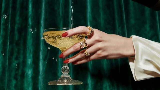 Crystal coupe with champagne splash freezes in mid air as golden liquid sparkles against velvet curtains celebrating party luxury craft drinks and festive nights that friends will remember
