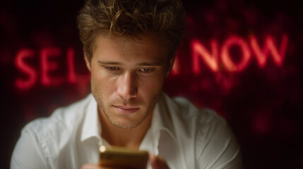 Young man focused on smartphone with a glowing "SELL NOW" sign in background  