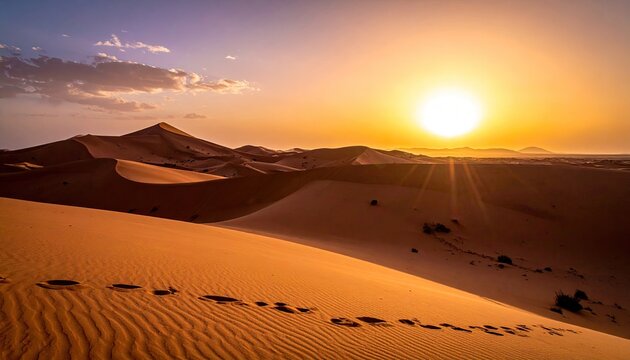 Sun dips low, sand dunes ripple; tracks fade