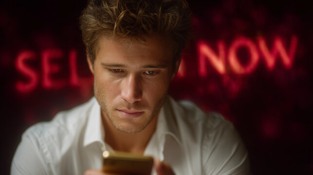 Young man focused on smartphone with a glowing "SELL NOW" sign in background  