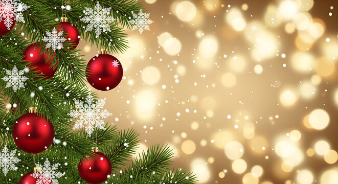 Christmas Background with Red Baubles, Snowflakes, Pine Branches, and Golden Bokeh Lights