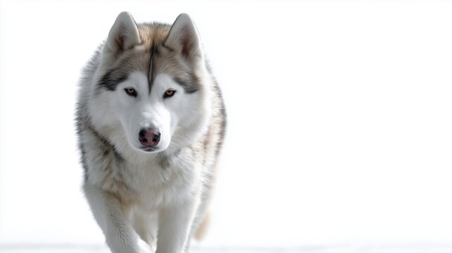 Siberian husky walks gracefully through a snowy landscape in bright winter sunlight