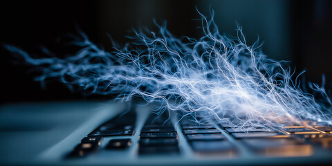Digital lightning effect emerging from laptop keyboard in dark setting  