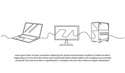 Set of laptops,monitors, and sound one line. Electronic tools. Abstract minimal continuous line isolated on white background.