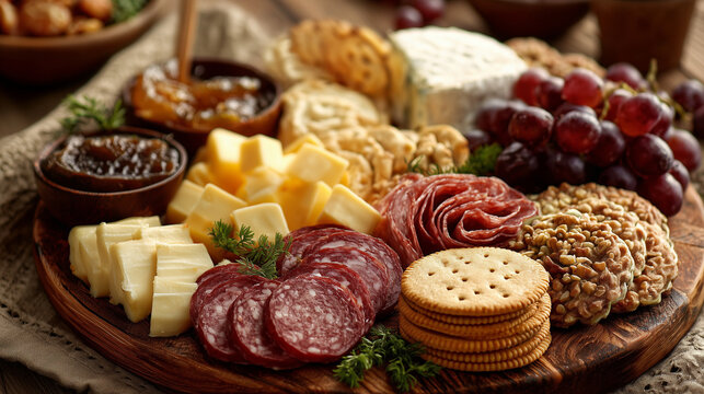 Assorted cheese and charcuterie platter with crackers and grapes  