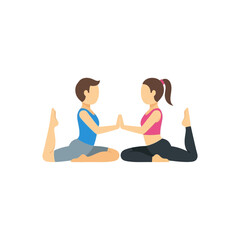 Fototapeta premium Two people doing yoga pose touching hands stretching legs and back.