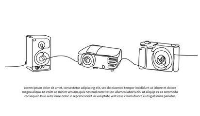 Set of sound, projector and camera one line. Electronic tools. Abstract minimal continuous line isolated on white background.