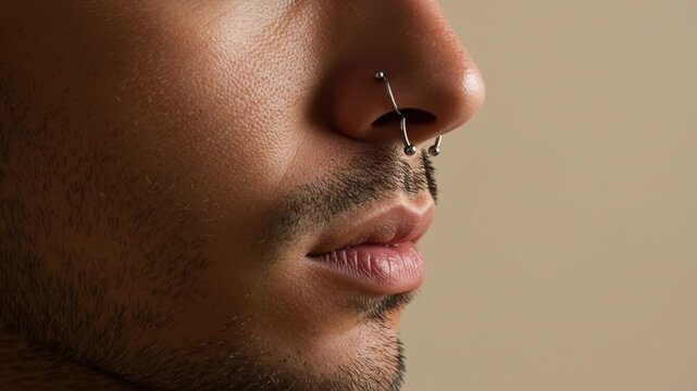 Portrait of a man with multiple nose piercings, ideal for promotional material for alternative fashion, body modification, or jewelry brands.
