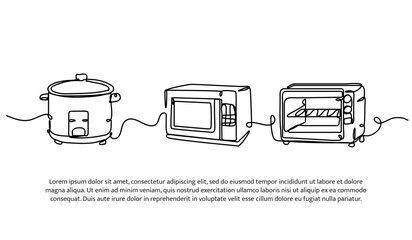 Set of rice cooker and oven one line. Electronic tools. Abstract minimal continuous line isolated on white background.