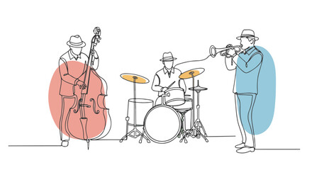 One line continuous drawing of jazz musicians with a double bass, drums, and trumpet in a minimalistic style