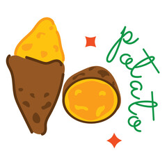 Hand Drawn Baked Sweet Potato And A Half Slice With Green Calligraphy Word Potato On Transparent Background With Star Accents