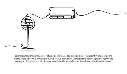 Set of fan and air conditioner one line. Electronic tools. Abstract minimal continuous line isolated on white background.