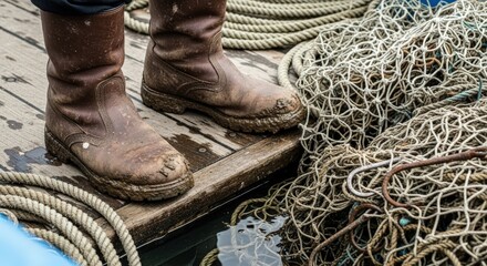 Fishing boots and net on boat deck