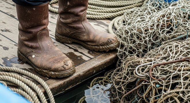 Fishing boots and net on boat deck